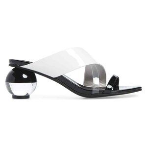 Jeffrey Campbell Lateral Ball Heel Slide Sandal In Black White Patent Leather